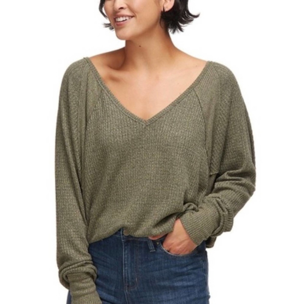 Free People Santa Clara Thermal Top Dolman Sleeve V Neck Fern Gully Army Green